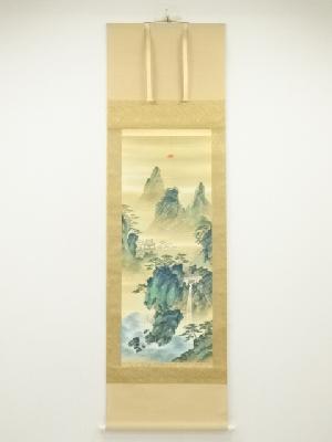 西沢光宣筆　青緑山水　肉筆絹本掛軸（保護箱）